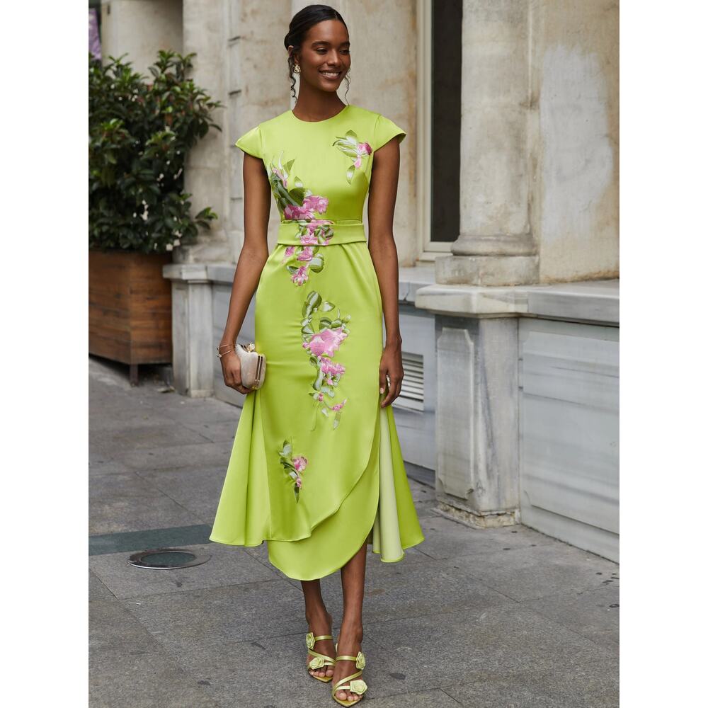 Fehaute NWT Women's Green Floral Embroidered Cap Sleeve Slit Sheath Maxi Dress 2